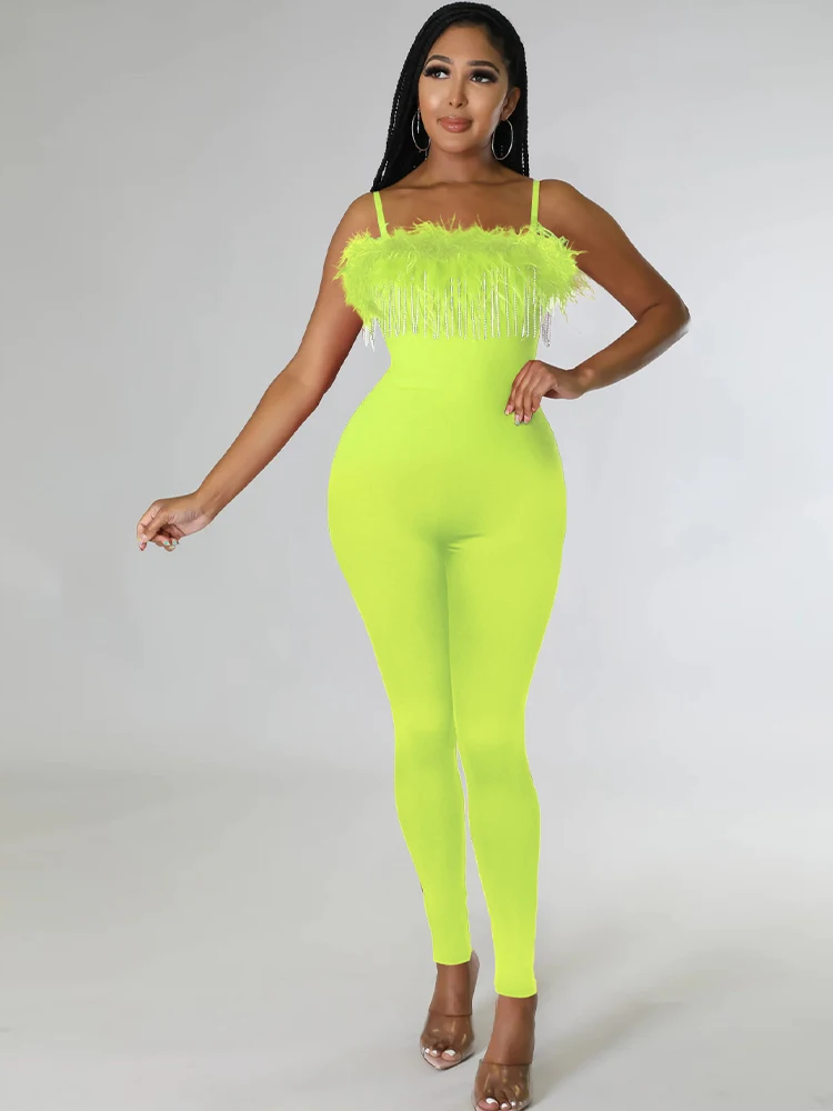Womens Jumpsuit Elegant Fashion Spaghetti Strap Sleeveless Backless Fitness Bodycon Outfits Comfy Feather Tassel Spliced Rompers