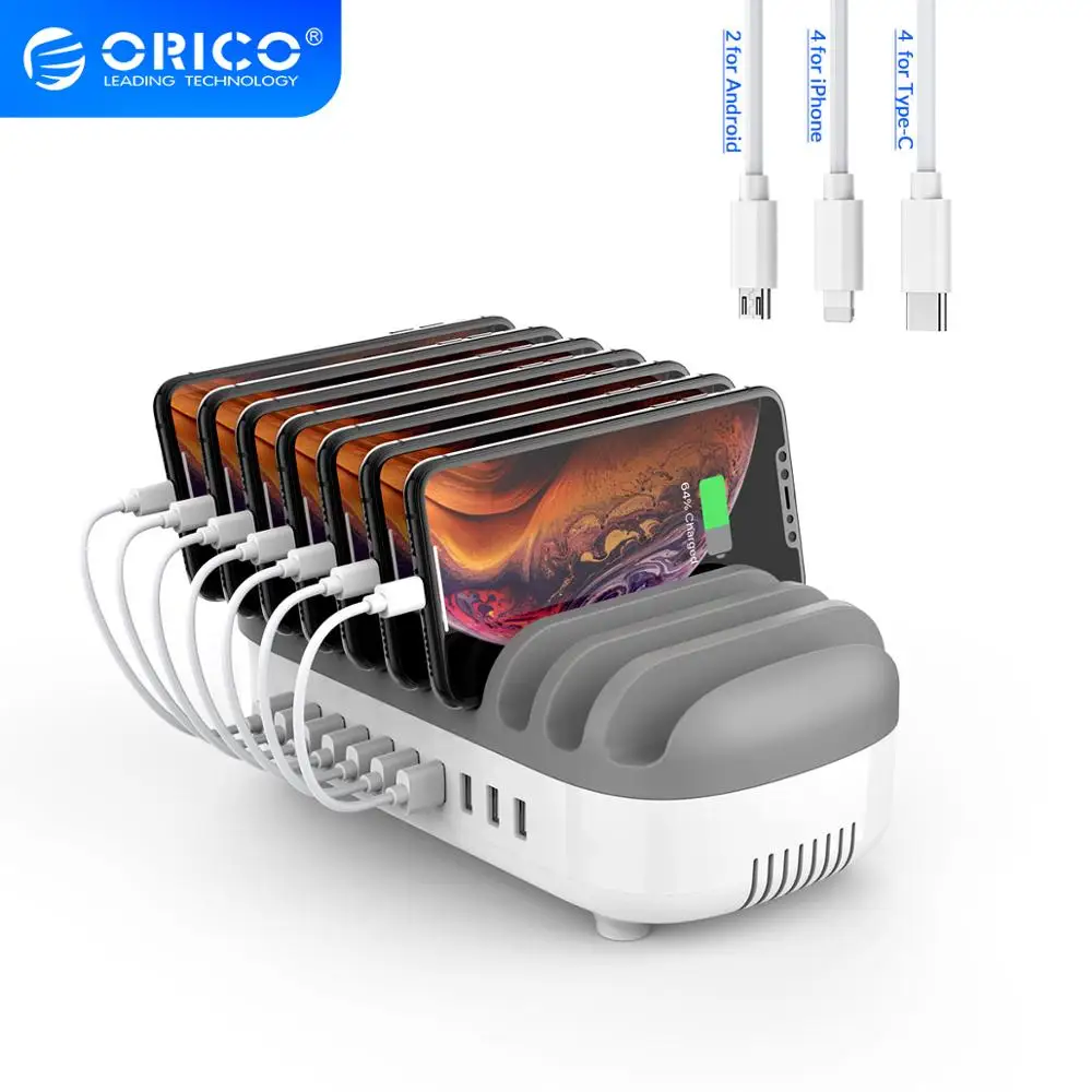 

ORICO 10 Ports USB Charging Station 120W 5V 2.4A Charging Dock 10 Free Cables for iPhone Samsung Xiaomi Phone Tablet