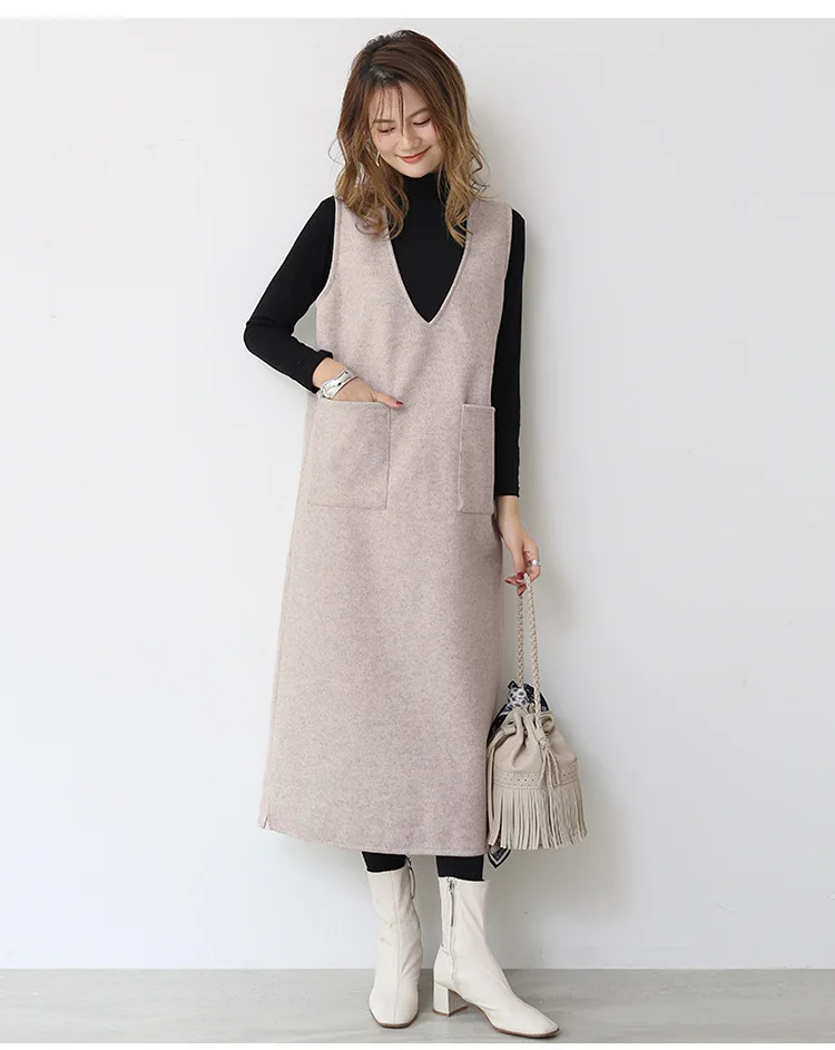 

2022 Autumn and Winter New Style Long Dress Japanese Woolen Vest Women Mid-length Vest Skirt Bottoming Dress Sweater Vests