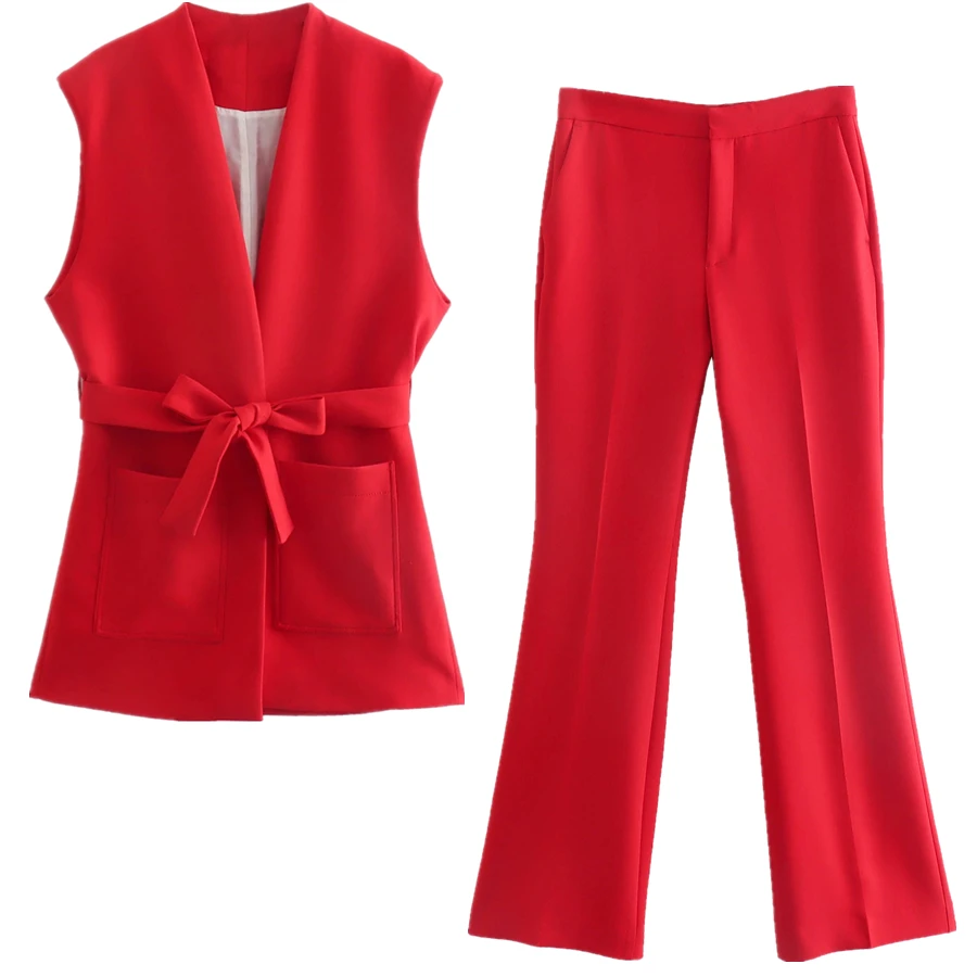 

Jenny&Dave 2022 Fashion Red Color England Vest Blazers Women Ins Blogger Simple Retro Flare Pants Women Two Pieces Sets