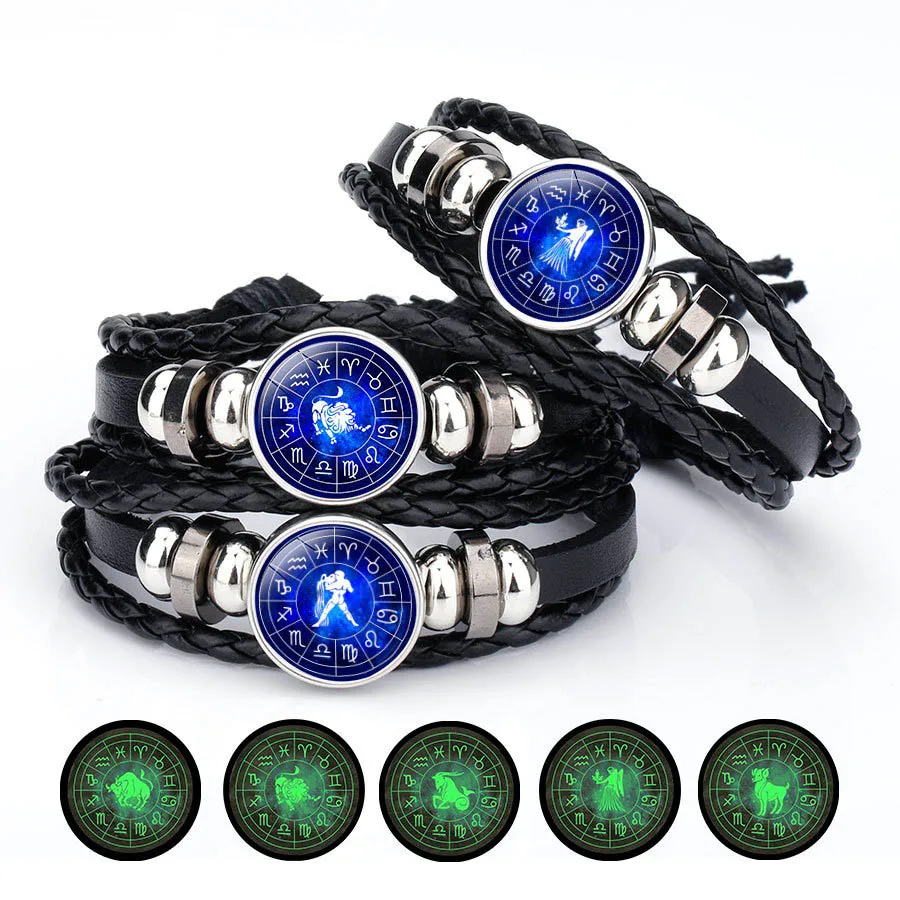 

Glowing in The Dark Zodiac Sign Bracelet For Women Men 12 Constellation Leather Rope Chains Bangle Fashion Birthday Jewelry