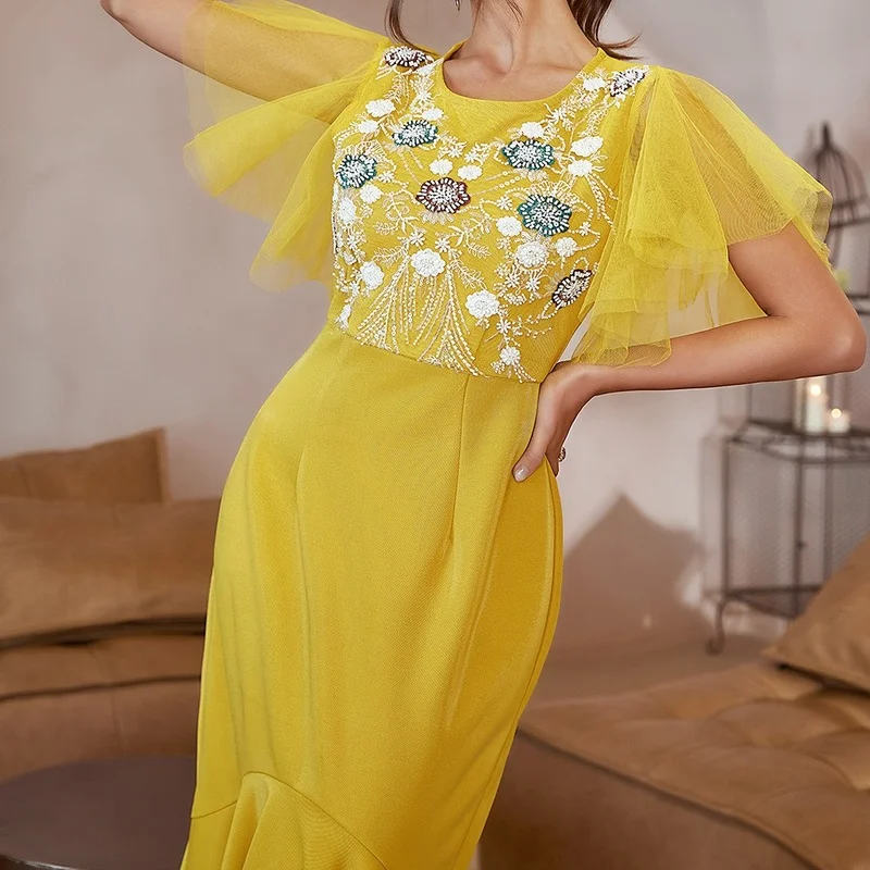 Eid Muslim Arabic Dress Women Arabian Party Gown Moroccan Kaftan Abaya Dubai Summer Yellow Mesh Patchwork Short Sleeve Dresses