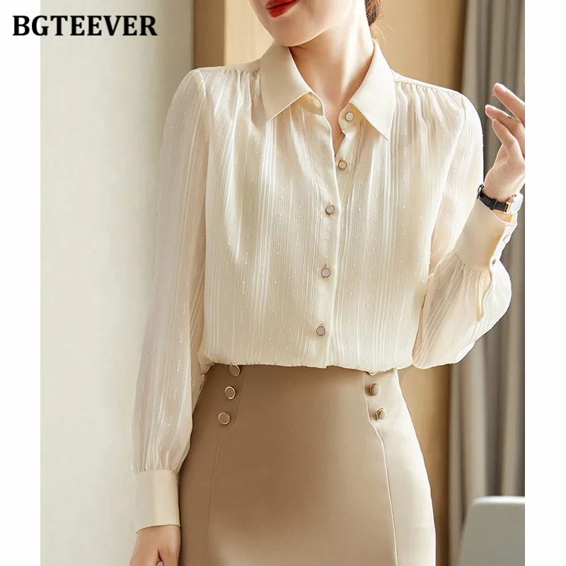 

Элегантная женская блузка BGTEEVER с отложным воротником, рубашки, стильные однобортные свободные осенние женские однотонные Топы с длинным рукавом