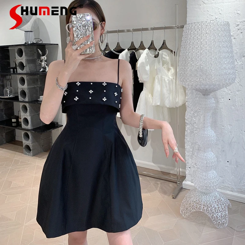 

French Style Fashion Sexy Slim Waist Beaded Flower Strap Dress 2022 Summer Women's Fairy Diamond Puffy Black Short Tube Dress