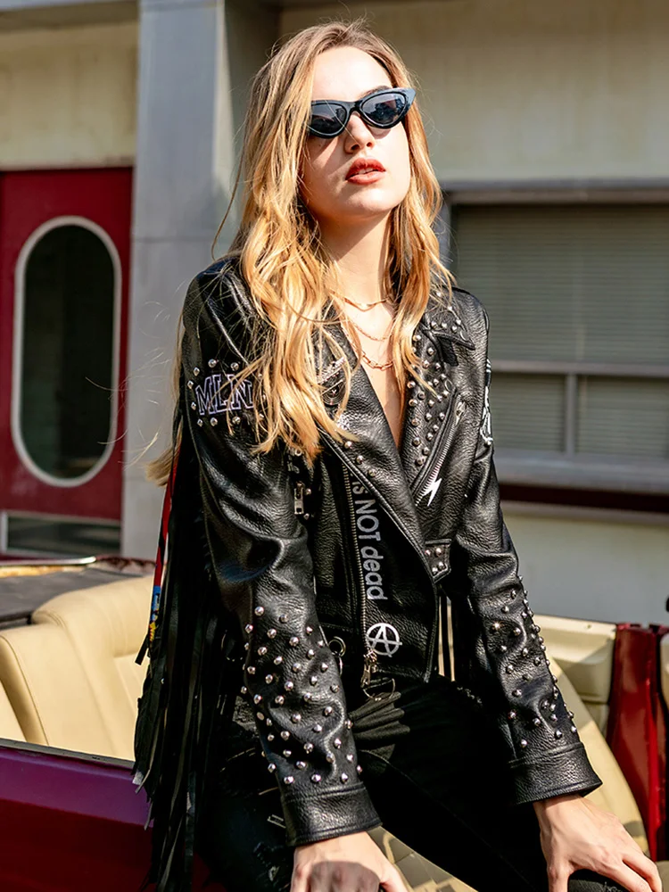 New Women Moto and Biker Leather Coat Spring Autumn 2022 Fashion Personality Rivet Tassels Harley Motorcycle Leather Jacket