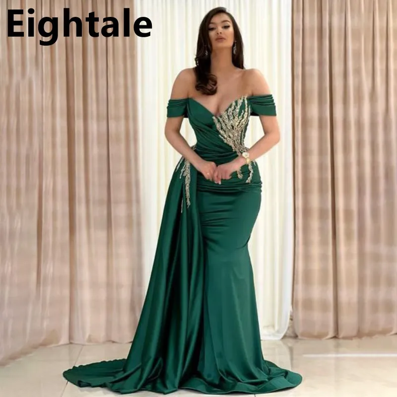 

Eightale 2022 Emerald Green Arabic Mermaid Evening Dress Removable Train Off Shoulder Prom Party Gown Dubai Robe Soirée Femme