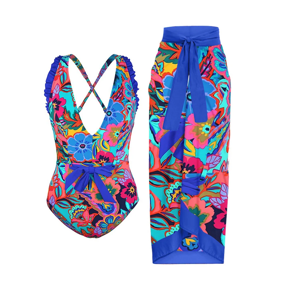 

V-Neck Print Fashion One-Piece Swimsuit Wrap Tie Plunge Neck Backless Sexy Bikini Sleeveless Swimwear Women 2023 Monokini Suit