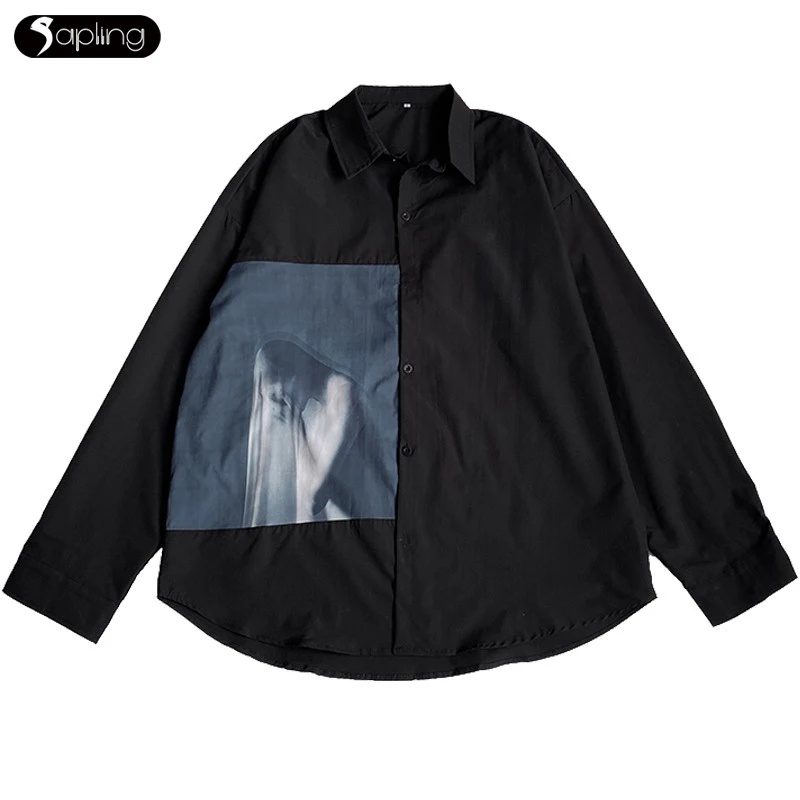 

Summer Stitching Shirt Men's Long-sleeve Fashion Shirts Men Hong Kong Style Japanese Retro Handsome Male Korean Shirt Casual Top