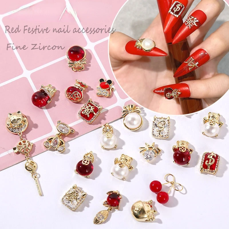 

3PCS New Year's Nail Jewelry Color Preservation Lucky Cat Money Bag Small Red Book Koi Nails Diamond Zircon Tassel Pendant