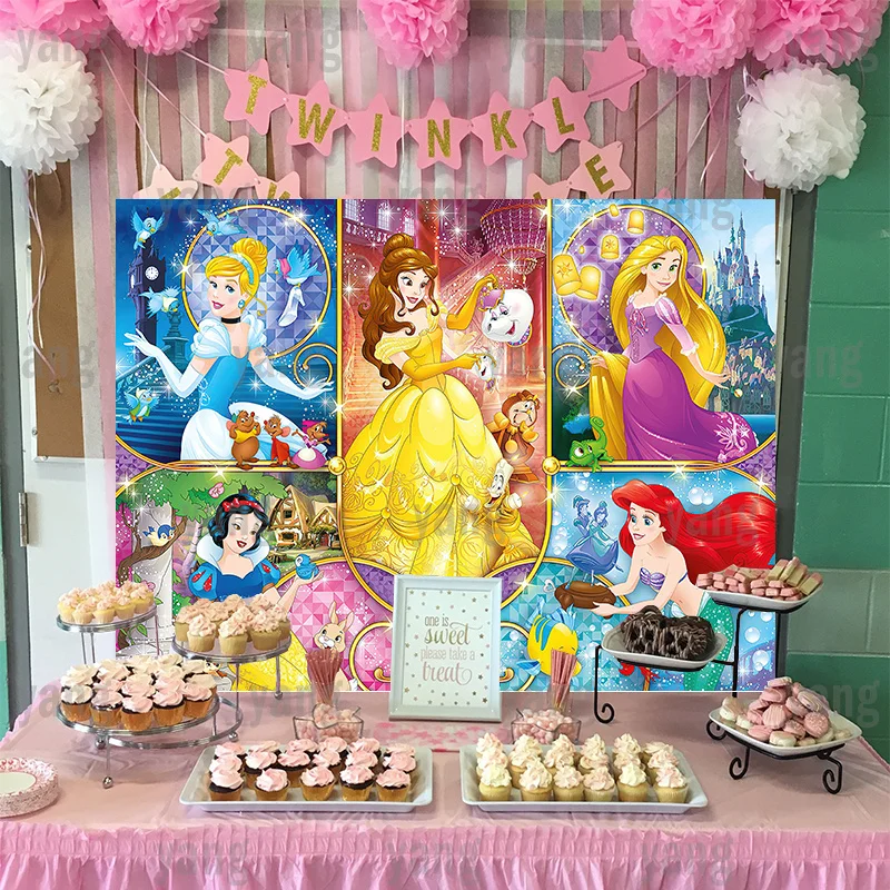 Disney The Little Mermaid Ariel Beauty and the Beast Cinderella Snow White Princess Baby Birthday Party Backdrop Background enlarge
