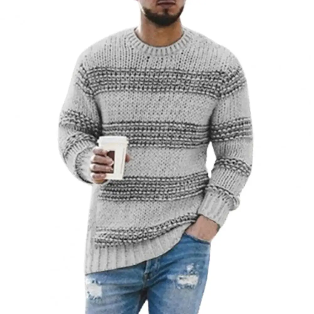 

Long Sleeve Men Sweater Striped Print Casual Knitted O Neck Stretchy Knitted Pullover Sweater Autumn Winter Streetwear