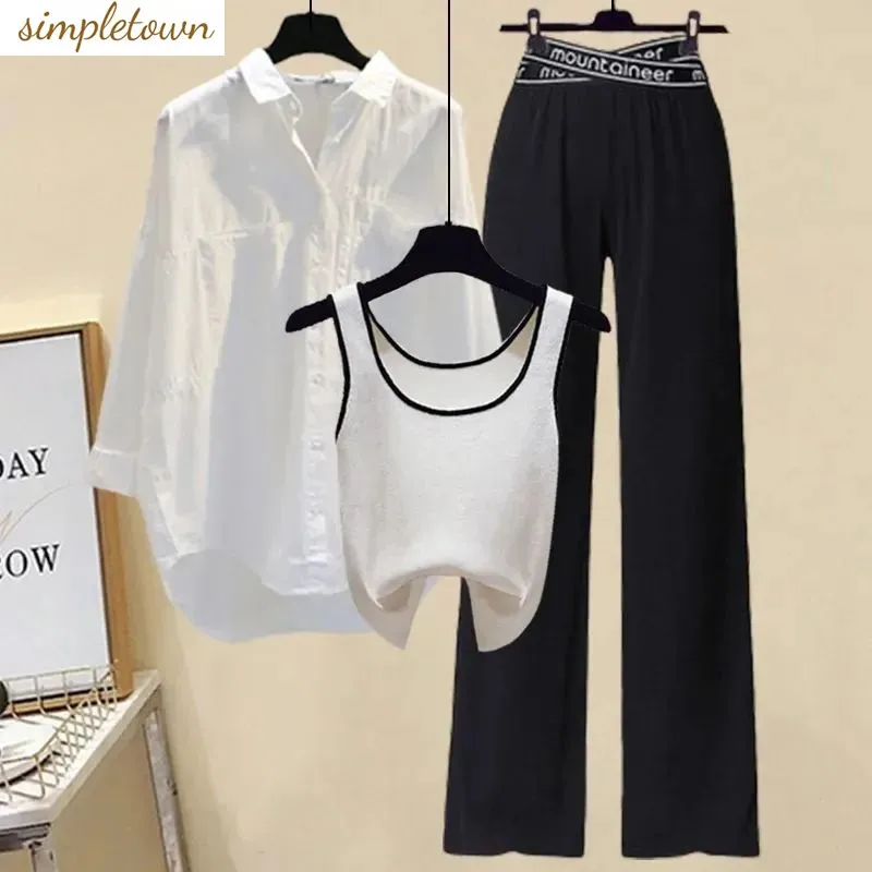 

Large Summer Set Women's 2023 New Waist Shrinking and Age Reducing Tank Top Shirt Wide Leg Pants Three Piece Set Fashion