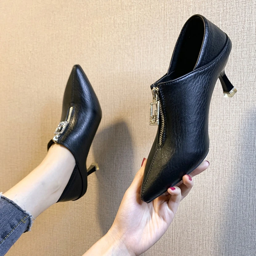 

2022 New High Heels Women's Stiletto Shoes Spring Summer Ladies Single Shoes Korean Style Zipper Pointed Toe Dress Shoes