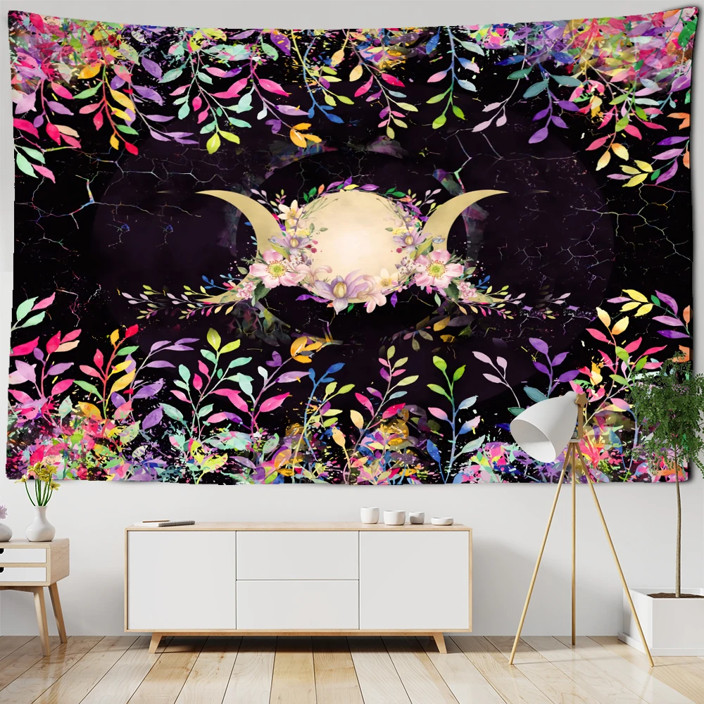

Black Light Tapestry UV Reactive Sun And Moon Colorful Leaves Tapestry Psychedelic Hippie Wall Hanging Bedroom Home Decor