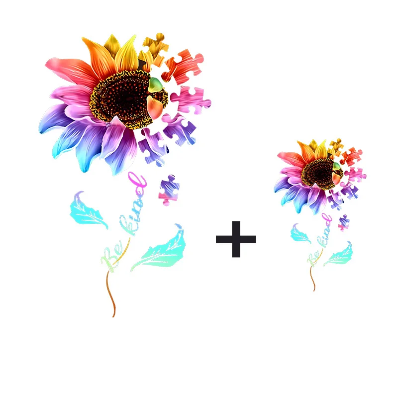 

Colorful Sunflower Jigsaw Puzzle Patch On Clothing Fashion Heat Transfer Sticker DIY Washable T-Shirt For Lady Iron On Patch
