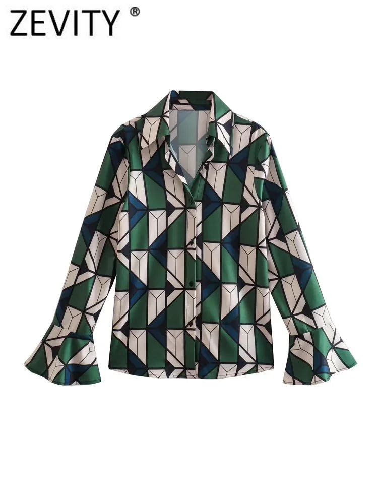 

Zevity Women Vintage Contrast Color Geometric Print Ruffles Shirt Office Lady Business Kimono Blouse Chic Blusas Tops LS1133