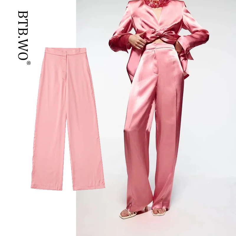 

BTB.WO Women Fashion pink Satin Za Pants Vintage High Waist Side Zipper Female Trousers Mujer