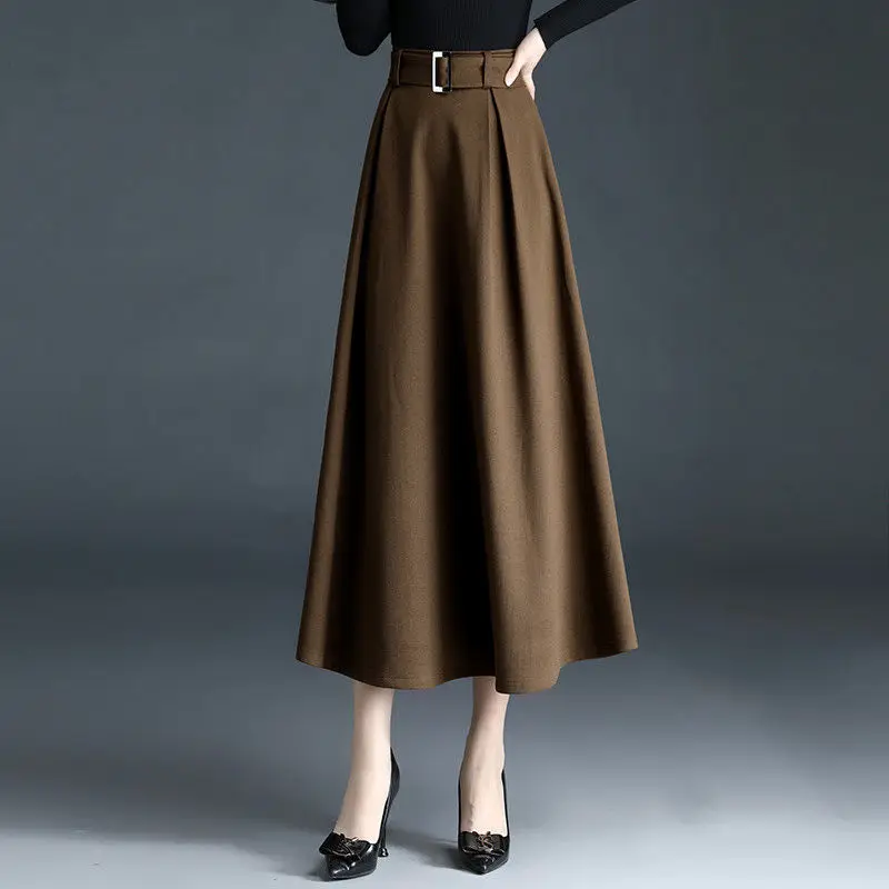 

High Waist Retro Woolen Women Skirts Winter 2022 Fashion A-line Office Lady Wool Pleated Maxi Skirt Femme Saia Longa J191