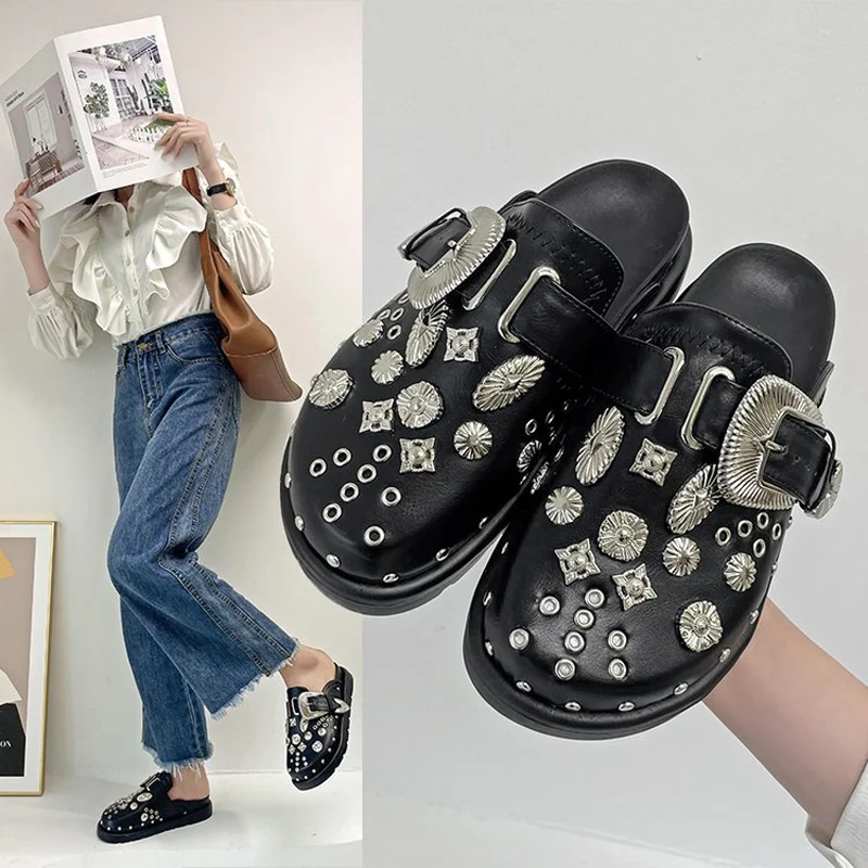 

Summer Slippers Women Slippers Platform Punk Rock Leather Mules Creative Metal Fittings Casual Party Shoes Female Outdoor Slides