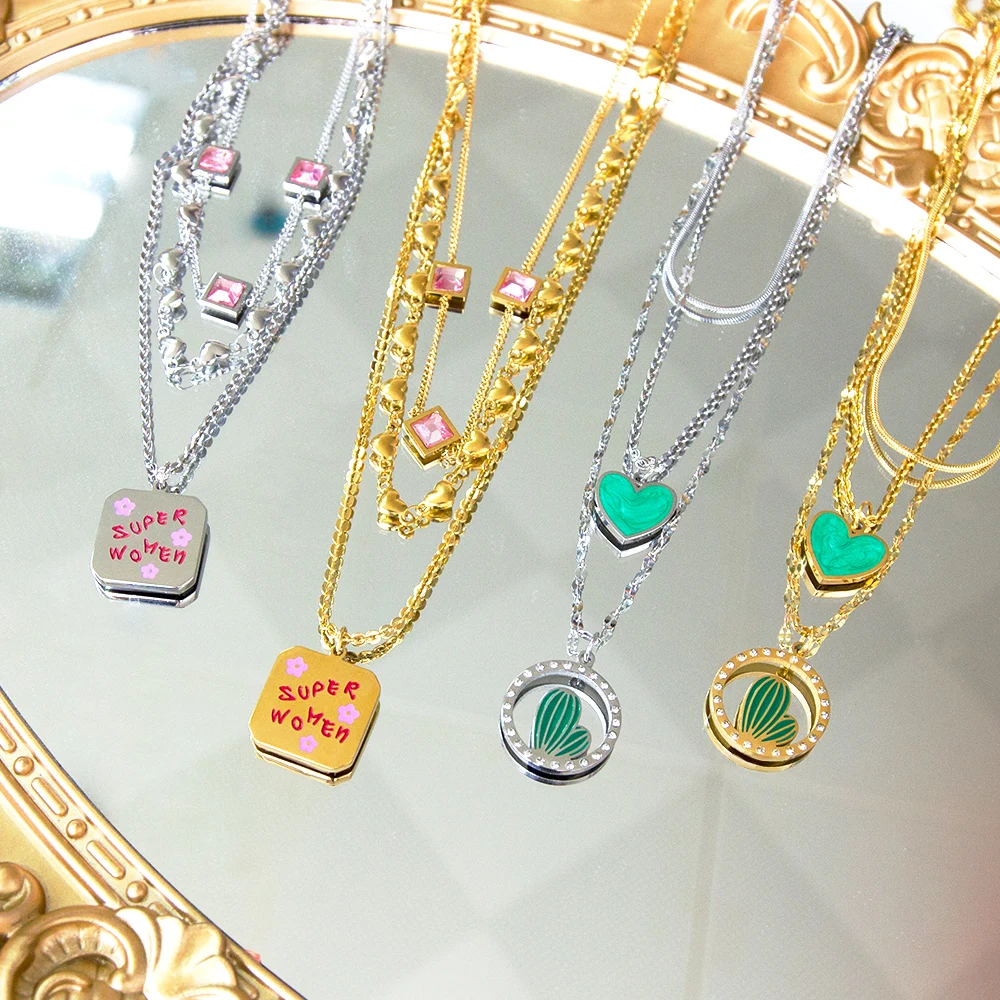 

LUXUKISSKIDS Triple Trendy Products Stainless Steel Necklaces For Woman Snake Beads Chain Green Heart Pink Zirconia Vneck Choker