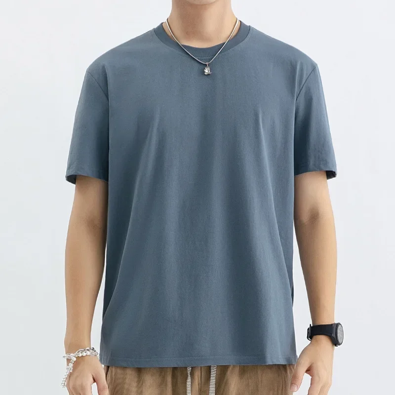 Высококачественная мужская летняя однотонная футболка с круглым вырезом и
