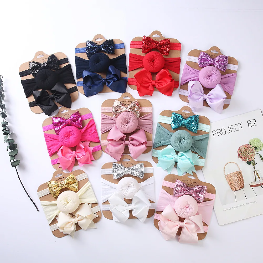 

3Pcs Newborn Infant Baby Hair Band Solid Color Bowknot Headband Gift Set Children Girls Headdress Nylon Flower Bow Headwear Hair