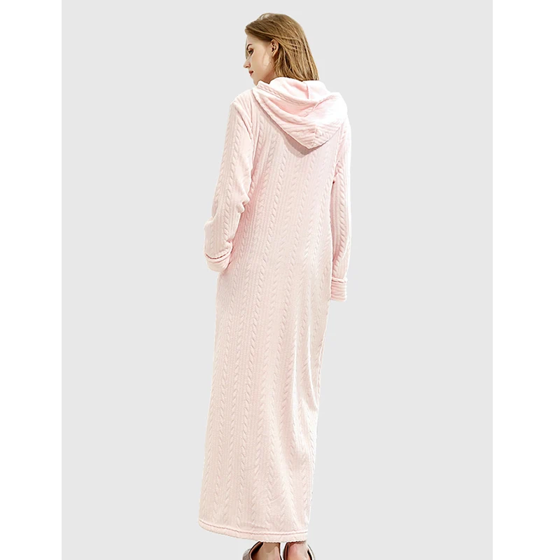 Flannel Women's Bathrobe Zipper Hooded Warm Soft Ladies Thick Dressing Gown Pocketslong Sleeve Home Clothes For Female Winter