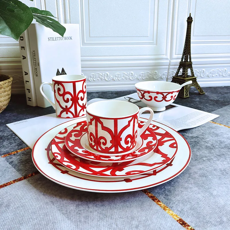 

High-Grade Bone China Chinese Red Coffee Cup Ceramic Tea Cup Set Dish Animal Tablewar Set Wedding and Housewarming Gifts