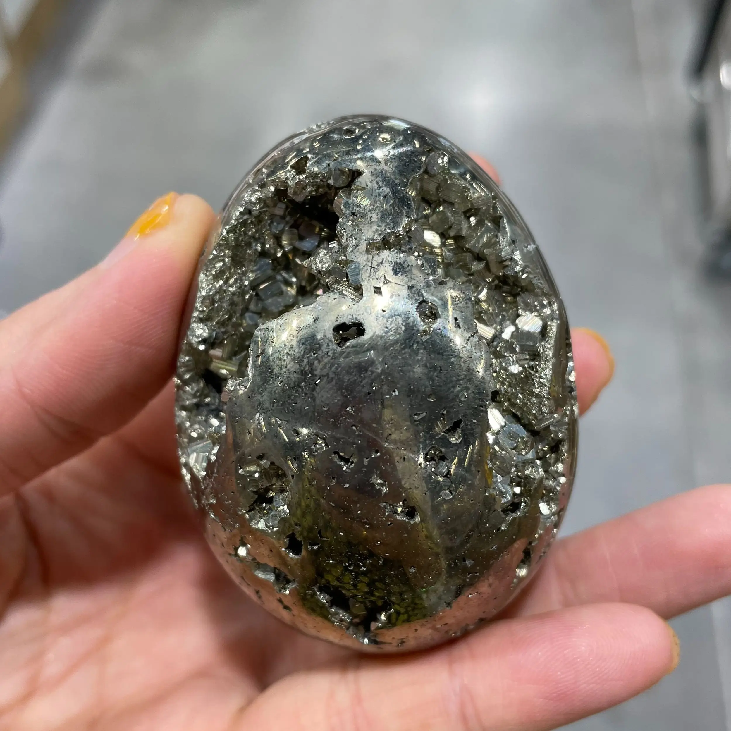 

350g Golden Iron Pyrite Geode Egg Polished Natural Sparkling Cubes Druzy Crystal Mineral Cluster Specimen - Peru