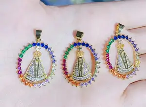 Fashion Micro Paved CZ Stone Jewelry Golden Rainbow Crystal Jesus Religious Charm Pendant Necklace Pendant