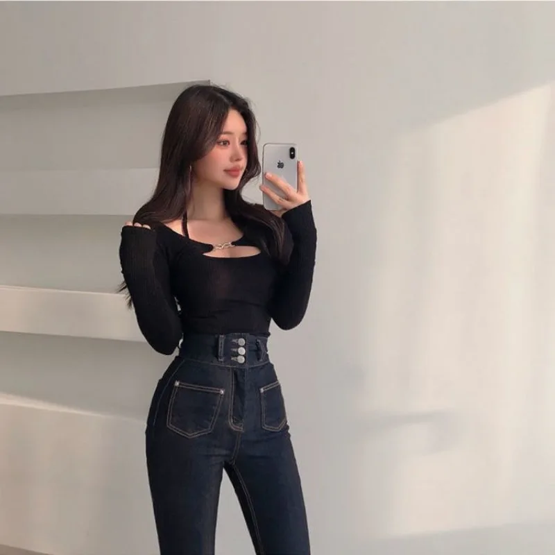 Фото Комплекты 3XL, женские тонкие майки с лямкой на шее, топы с длинными рукавами, комплект из 2 предметов, корейский стиль, сексуальная модная укороченная весенняя женская одежда Y2k №4