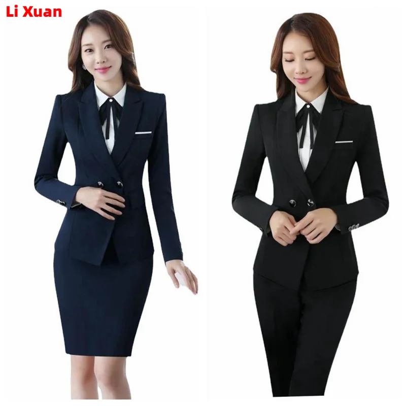 Korean High Quality Autumn Winter Formal Blazer Women Business Suits with Sets Work Wear Office Uniform Dark Blue Skirt Jacket images - 6