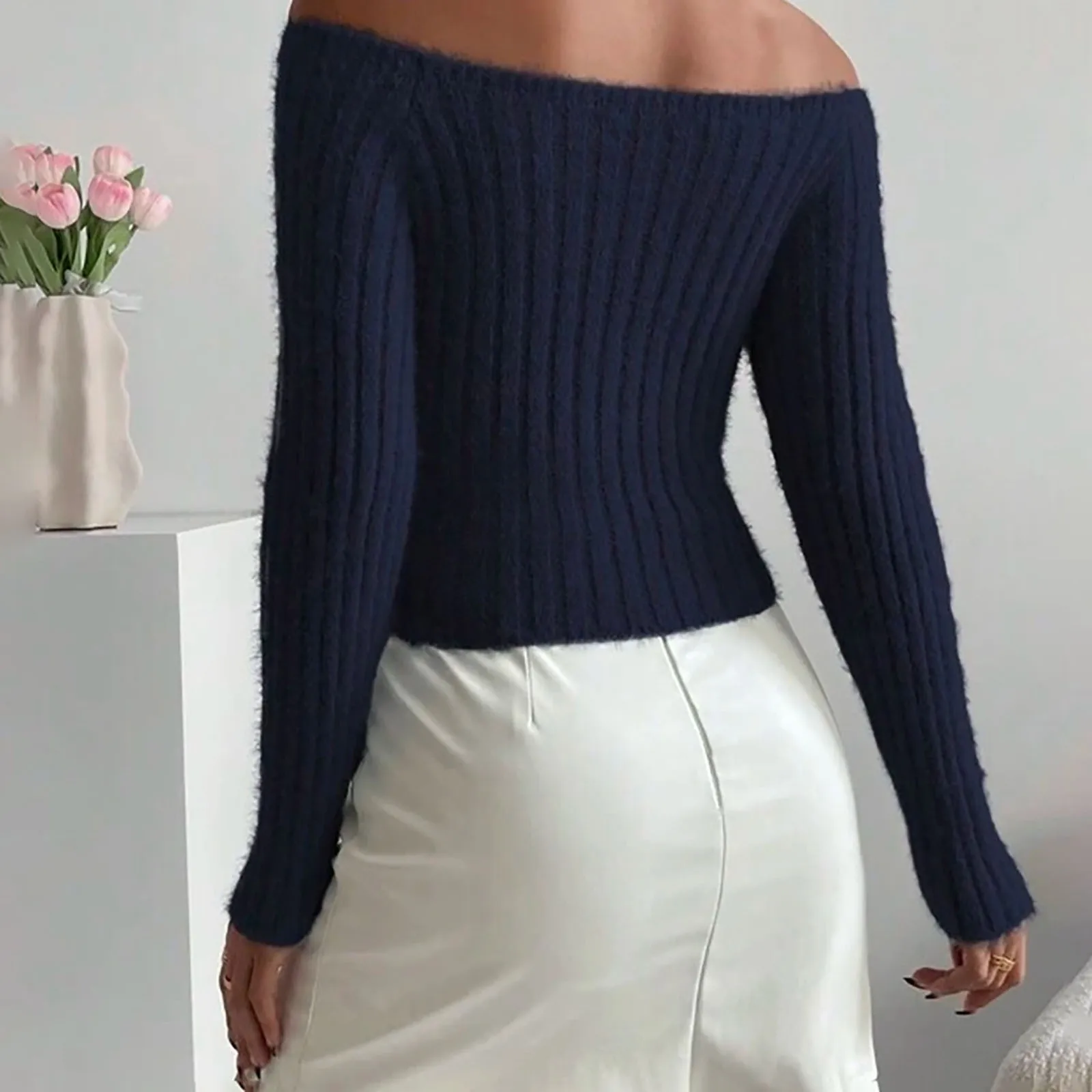 Женский свитер с открытыми плечами свободный шерстяной длинный пуловер большого