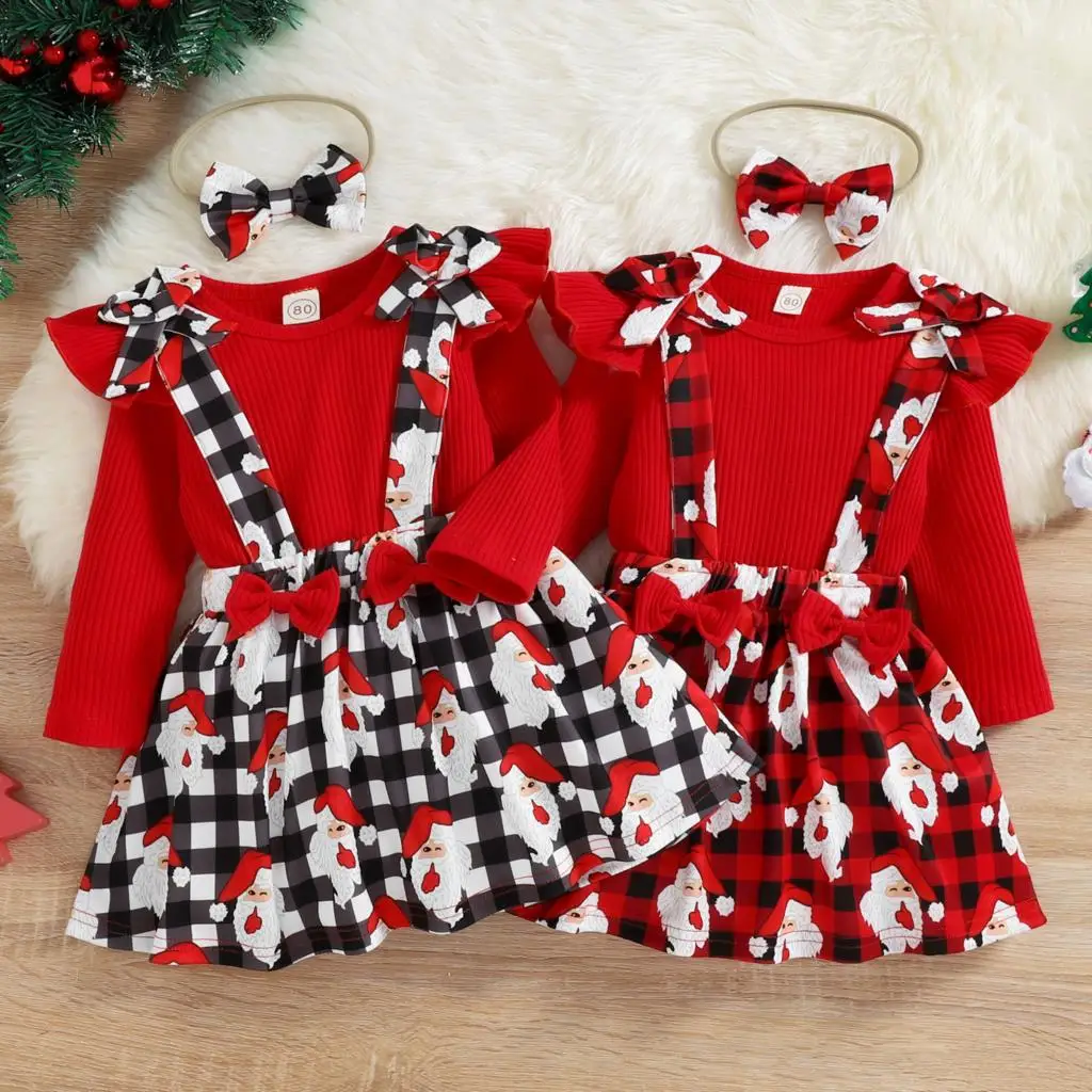 

0-4T Christmas Newborn Infant Baby Girl Clothes Sets Knit Red Top Dress Santa Claus Plaid Skirts Headban Xmas Outfits Costumes