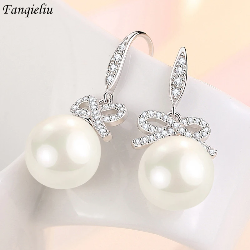 Fanqieliu Stamp 925 Silver Needle Zircon Bow Big Peal Drop Earrings For Women New Jewelry Girl Gift Trendy FQL21479