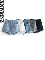 xnwmnz 2022 women fashion mom bermuda high waist denim shorts woman retro five pocket frayed hem female chic shorts