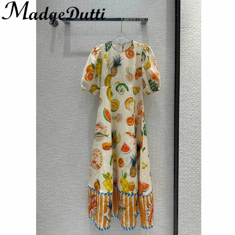 

3.6 MadeDutti Linen Fruits Print Pattern O-Neck Puff Sleeve Collect Waist Beach Holiday Style Mid Dress
