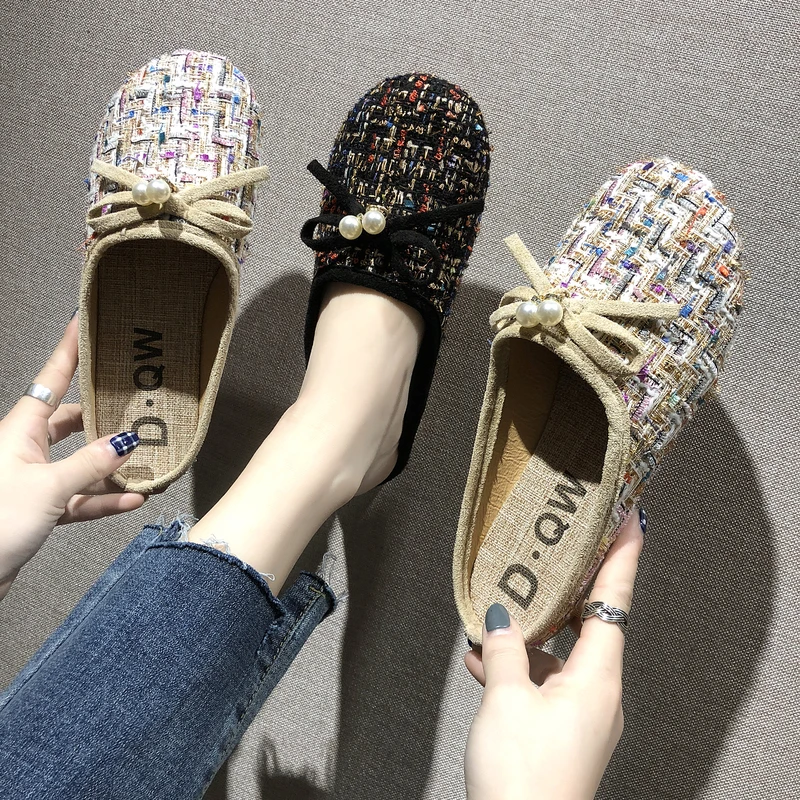 

Shoes Loafers Womens Slippers Outdoor Low Cover Toe Flock Slides Pantofle Fashion Flat 2022 Soft Luxury Fabric Rome Spring PU