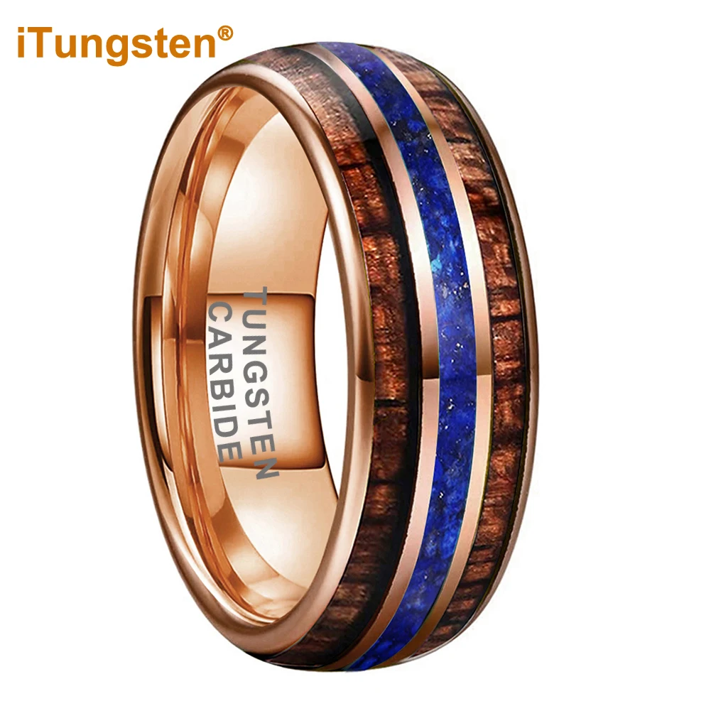 ITungsten 8mm różowe złoto pierścień karbidowy wolframu dla mężczyzn kobiety obrączka zaręczynowa niebiesko-lapis drewno z akacji Koa wkładka Domed Comfort Fit