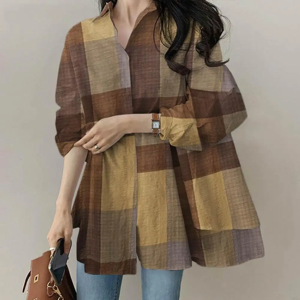 

Women Top Stylish Colorblock Cardigan Trendy Women's Loose-fit Spring/fall Shirt Blouse with Turn-down Collar Patchwork Design