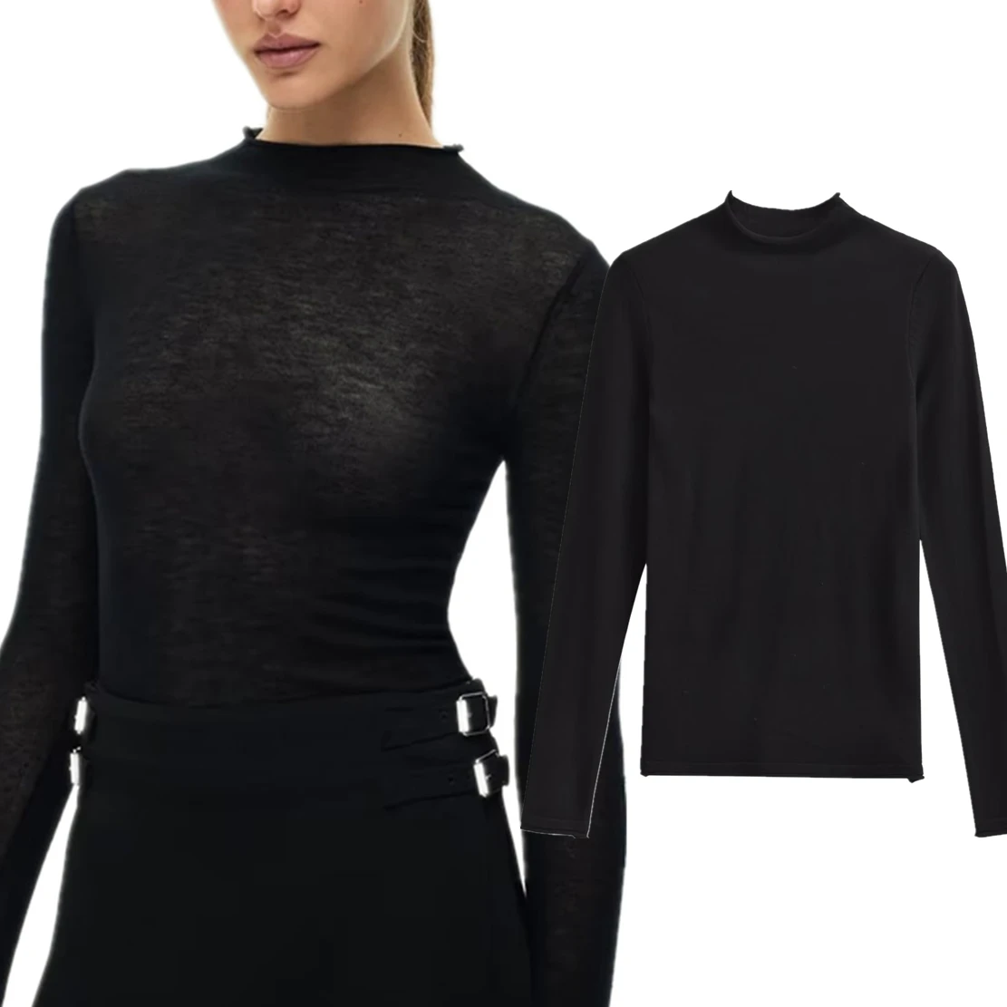 

Dave&Di Autumn Long Sleeve Tshirt British Fashion Basic Knitwear Black Women's Lace Sweater Women Tops
