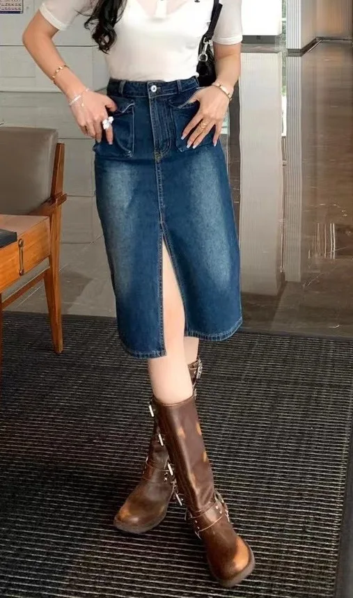 

142451Fashion Classic Luxury Designer cloth Summer New 3D Pocket Printed Letter Decoration Vintage High Waist Split Denim Skirt
