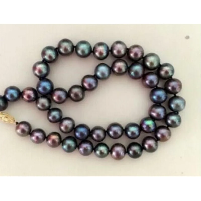 

8-9mm natural round black tahitian pearl necklace 18";14K clasp