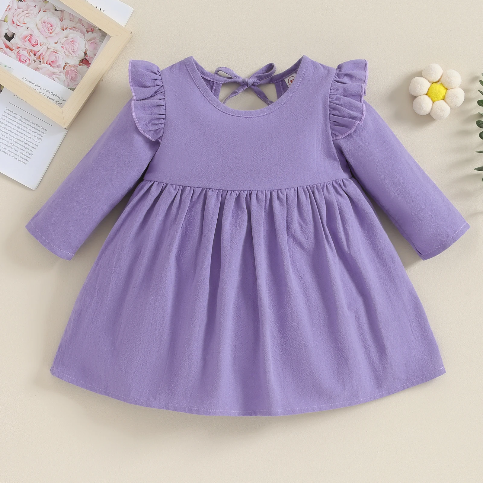 Повседневное платье для девочек однотонное платье-мини с длинным рукавом и