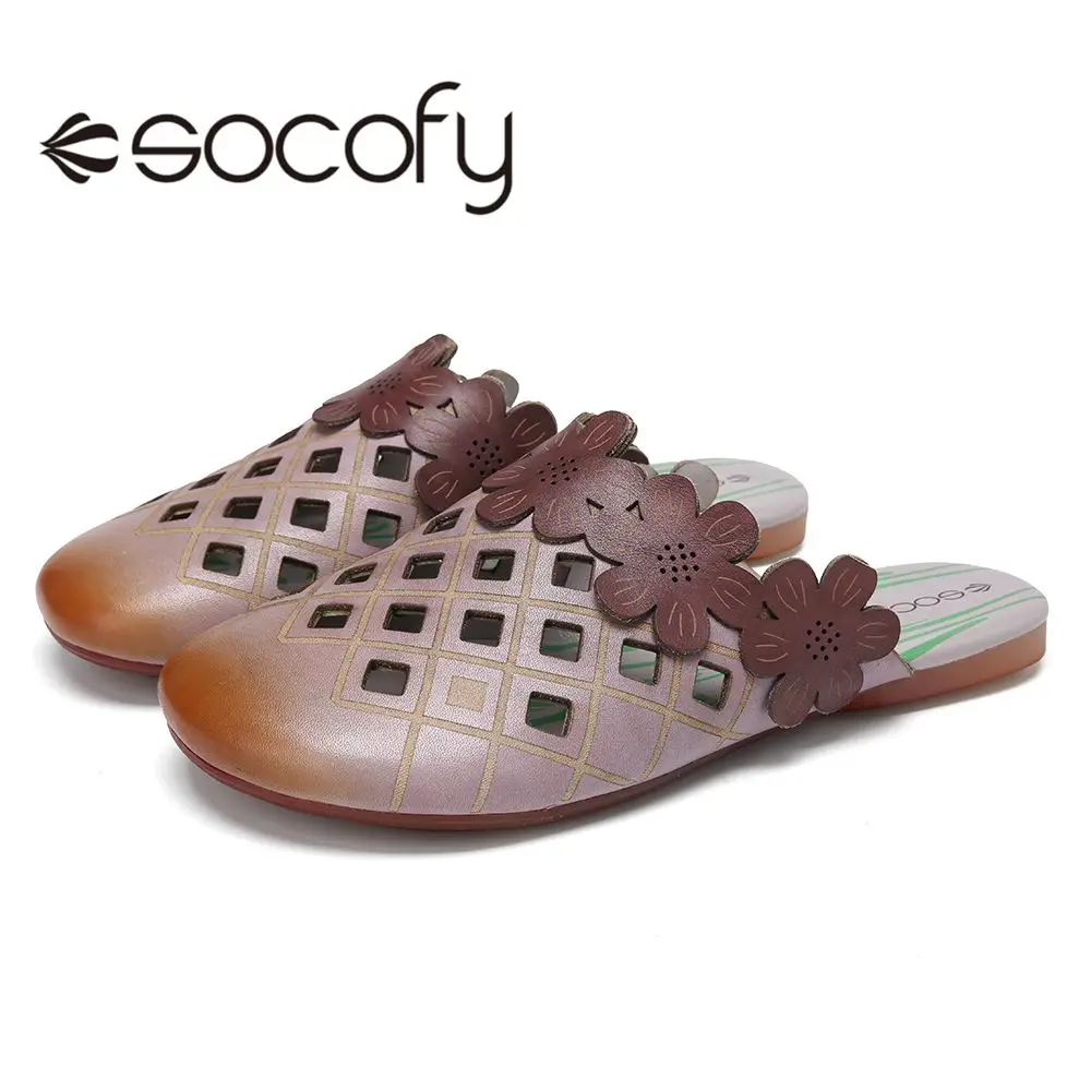 

SOCOFY Fashion New Arrival Women Floral Comfy Leather Slippers Shoes Cut out Round Toe Slip-on Mules Flat Shoes Spring Summer