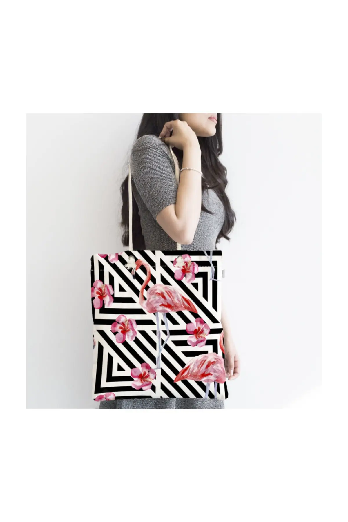

Women Beach Bag Flamingo Patterned Digital Printed Zipper Fabric Tote Bag Fashion Summer Large Shoulder Shopping Bags