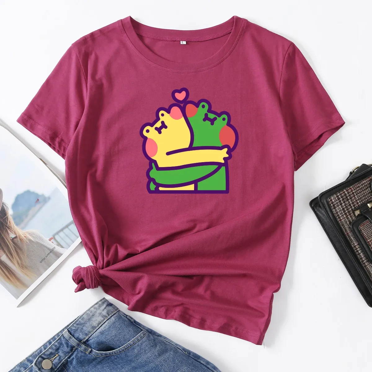 

Cute Frogs Shirt Frog Love Woman T-Shirt Short Sleeve T-Shirts Summer Tops for Women Cotton Graphic Tee Female Shirt Clothes