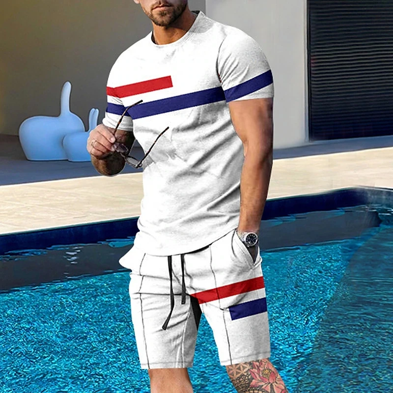

3D Printed Clothes for Men T-shirt Suits Plus Size Color Block Graphic New Fashion Designer Round Neck Ropa Short Sleeve 2 Pcs