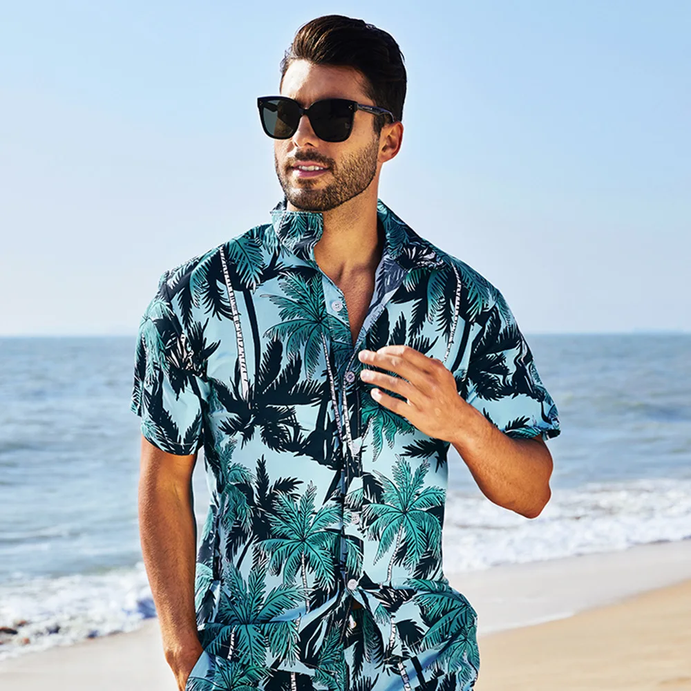 

2023 Summer Popularity Mens Hawaiian ShirtsShort Sleeve Coconut Tree Print CasualBeach Button Collar Shirt Plus Size 5XL