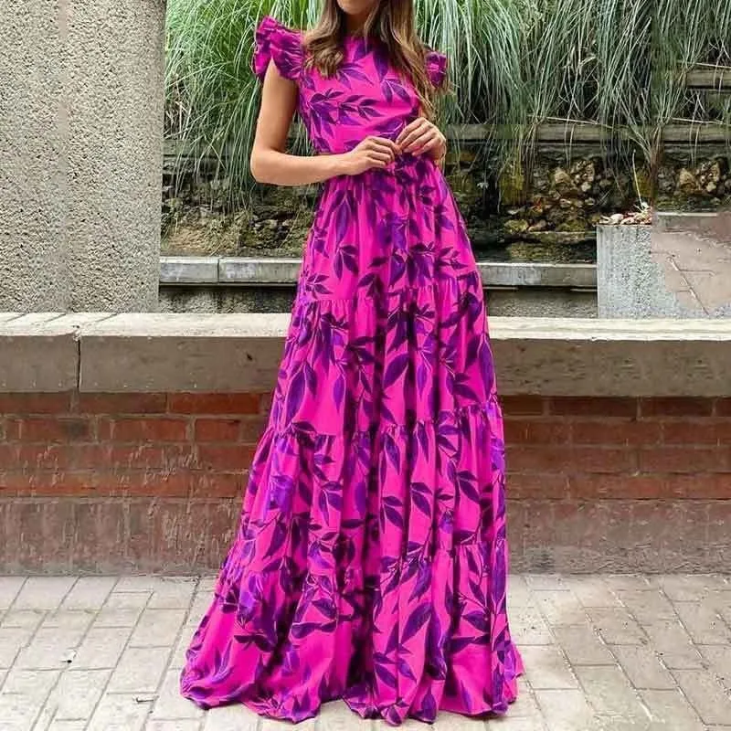 Wefads Maxi Dress Женское элегантное модное платье с рюшами и короткими рукавами круглым